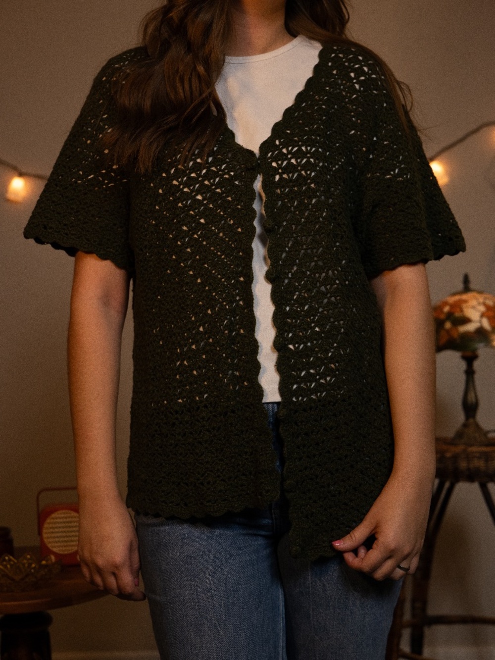 VTG White Stag Green Crochet Knit Cardigan Size 14W/16W